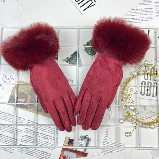 Warm Women's Fur Mouth Winter Riding Fleece lined Finger Gloves Battery Car Thickened Wine Red - Shop at LoveMi