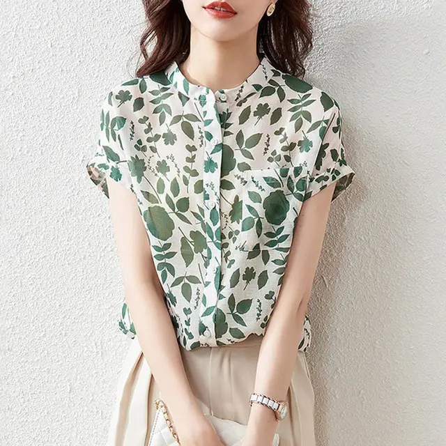 Chiffon Shirt Women's Short sleeved Floral Top Fashionable Stylish French Printed Shirt Thin Green - Shop at LoveMi
