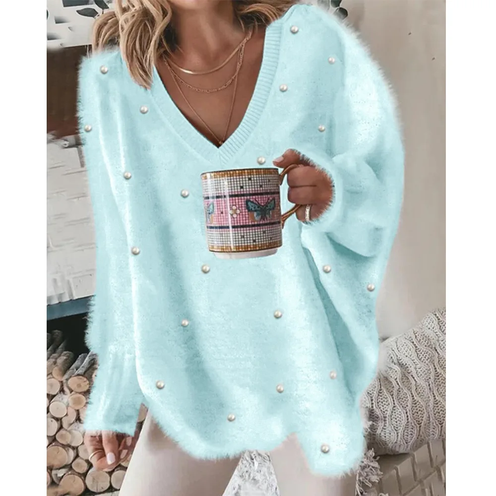 Women's V neck Fur Loose Top Sky Blue - Shop at LoveMi