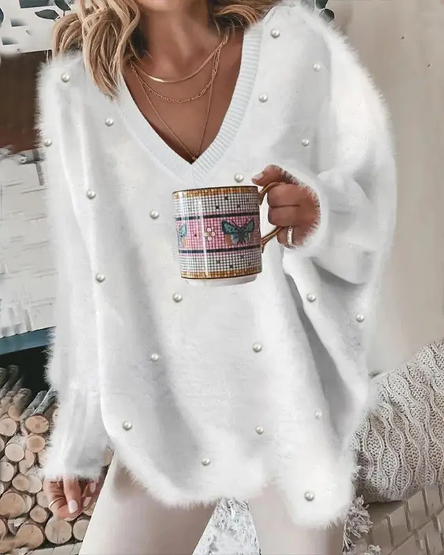 Women's V neck Fur Loose Top White - Shop at LoveMi