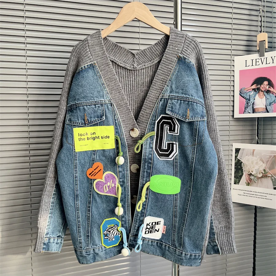 Denim Stitching Sweater Cardigan For Women Loose Knitted Coat Grey - Shop at LoveMi