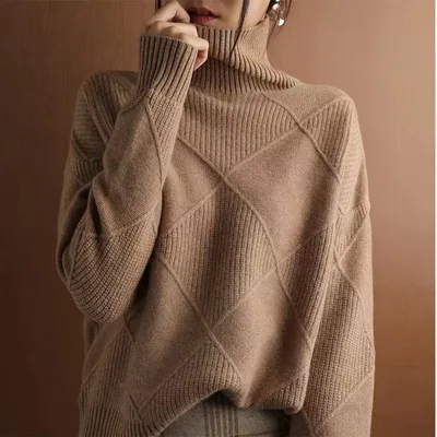 Loose High Collar Warm Sweater Solid Color Knitted Women Coffee - Shop at LoveMi