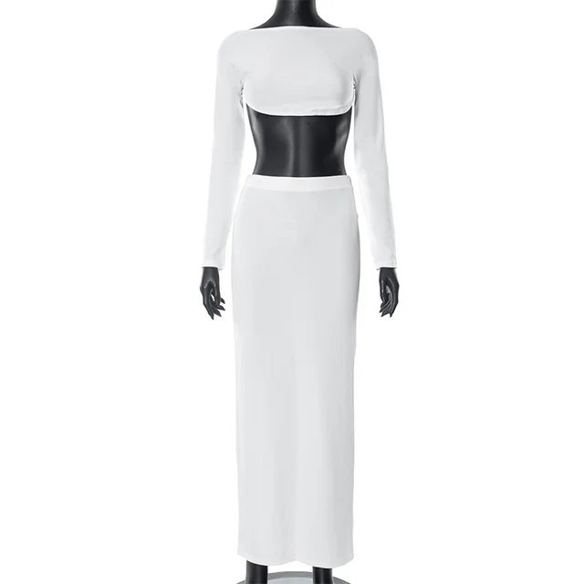 Women's Clothing Autumn Casual Long Sleeves Top Backless Slim Fit Long Skirt Suit White - Shop at LoveMi