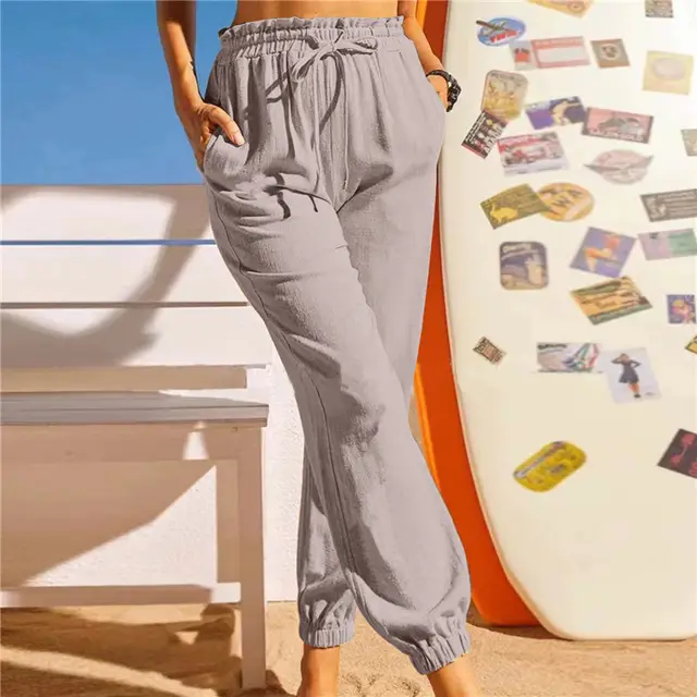 Europe And America Cross Border Hemp Cotton Lotus Leaf Ankle Banded Pants Elasticated Slacks Female Khaki - Shop at LoveMi