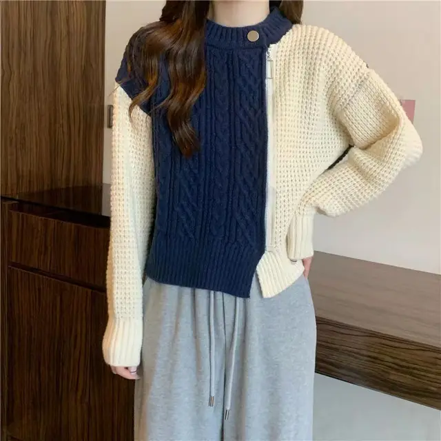 Side Zipper Design Sweater Coat Assorted Colors Retro Idle Style Knitted Top Navy Blue - Shop at LoveMi