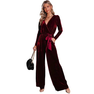 Women's Solid Color Fashion Elegant Velvet Jumpsuit Red - Shop at LoveMi