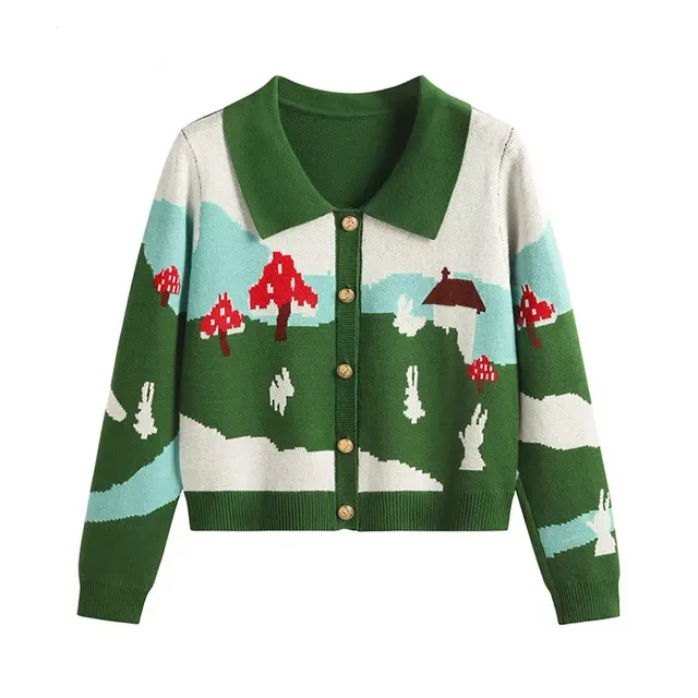 Jacquard Lapel Knitted Cardigan Slim Fit Outer Tops Green - Shop at LoveMi