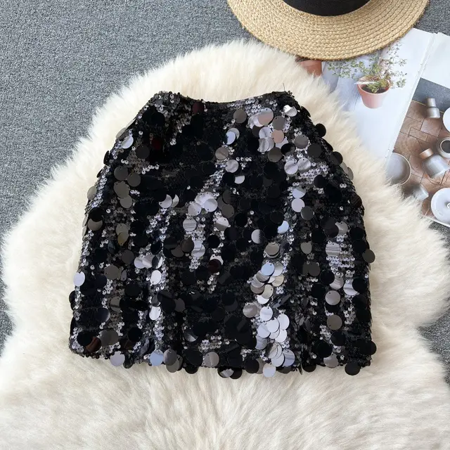 Fashionable Sequin High Waisted Slimming Skirt Black - Shop at LoveMi