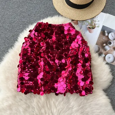 Fashionable Sequin High Waisted Slimming Skirt Rose Red - Shop at LoveMi