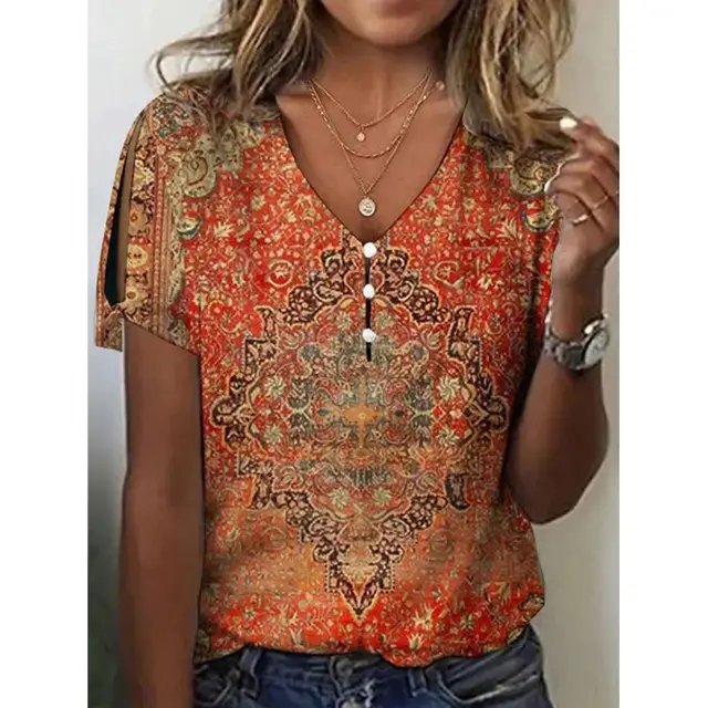Summer Ethnic Style Printed Short sleeved Top Women's T shirt Orange - Shop at LoveMi