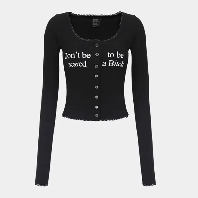American Printed Lace Trim Slim Top Black Single Breasted Top - Shop at LoveMi