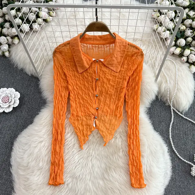 French Retro Sexy See through Long Sleeves Irregular Short Dovetail Shirt Orange - Shop at LoveMi