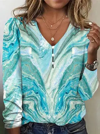 V-neck Starry Sky Tie-dyed Pearl Button T-shirt With Long Sleeves Hoodie - Emerald