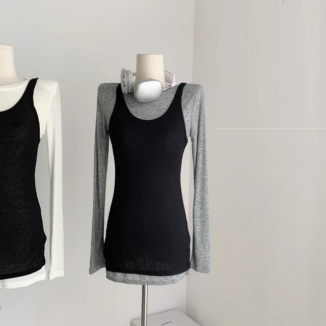 Autumn New Solid Color Round Neck Long Sleeve Top Sling Dress Women's Slim Fit Elegant Two piece Set Black And Gray - Shop at LoveMi