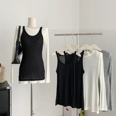 Autumn New Solid Color Round Neck Long Sleeve Top Sling Dress Women's Slim Fit Elegant Two piece Set White - Shop at LoveMi