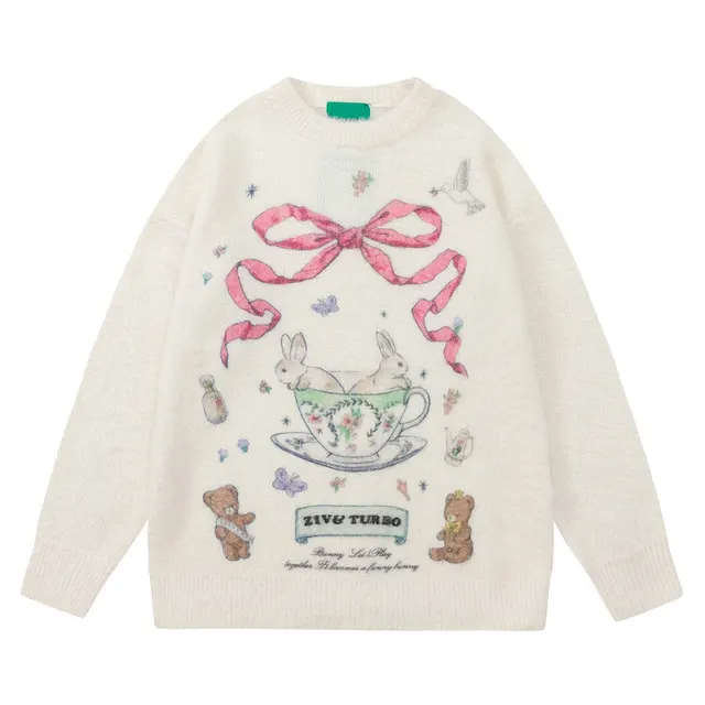 Women's Cute Rabbit Round Neck Sweater Apricot - Shop at LoveMi