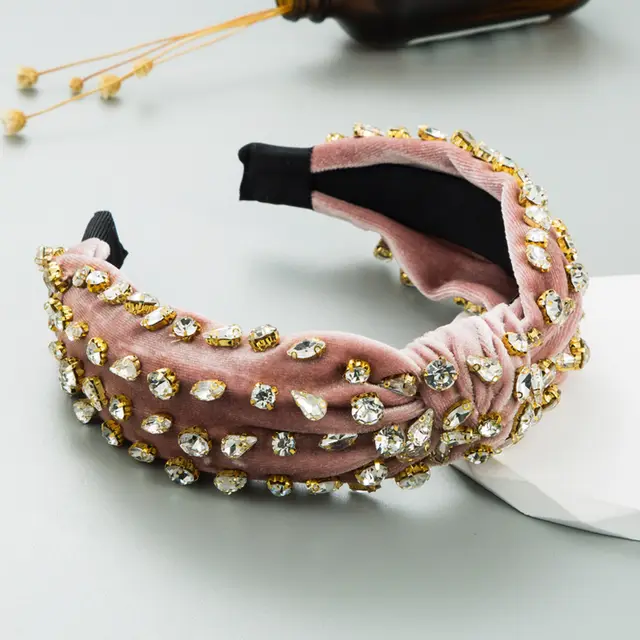Fashion Gold Velvet Hand stitched Full Diamond Headband Peach - Shop at LoveMi