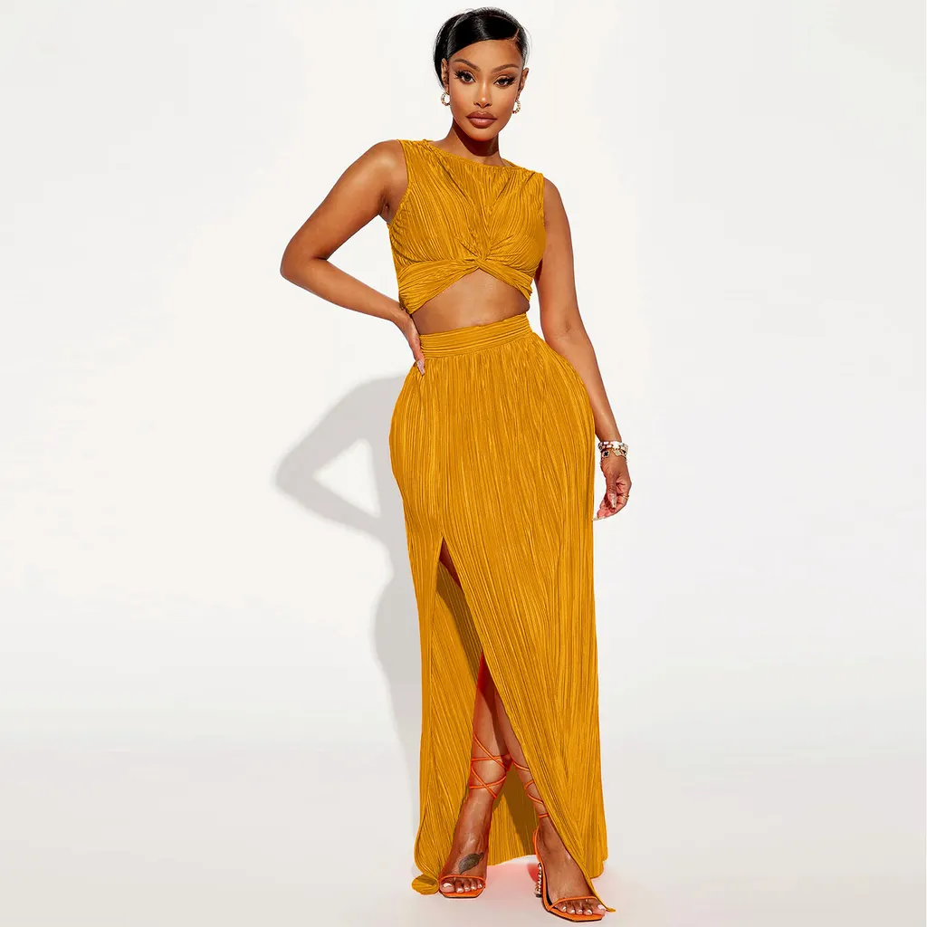 European And American Women's Clothing Slit Dress Two-piece Set - Yellow
