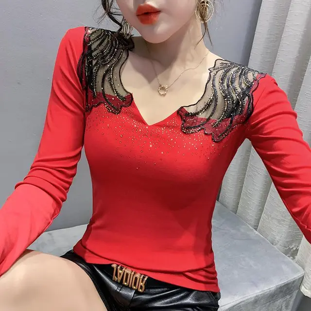 Hollow Jeweled V neck Slim Fit Slimming Top Red - Shop at LoveMi