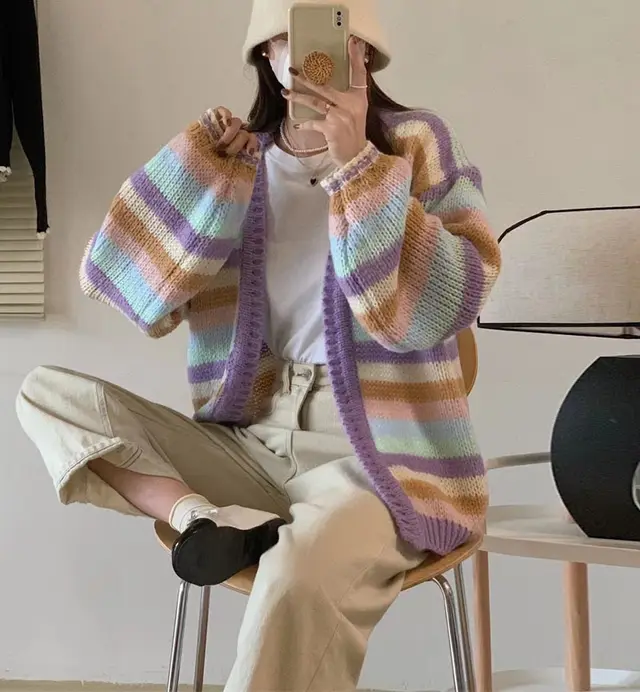 Rainbow Striped Knitted Cardigan For Women Loose Sweater Coat Purple - Shop at LoveMi