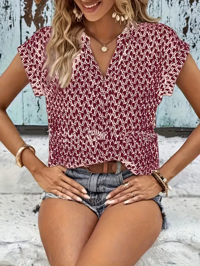 Geometric Print V Neck T shirt, Casual Versatile Short Sleeve T shirt For Spring & Summer, Women's Clothing Red - Shop at LoveMi