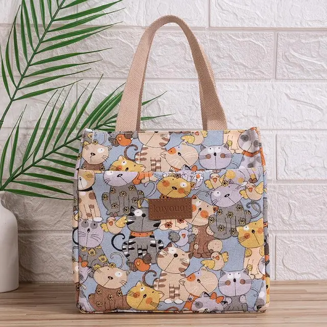 Lunch At Work Lunch Box Bag Aluminum Foil Thickening Handheld Canvas Insulation Blue Little Cat - Shop at LoveMi