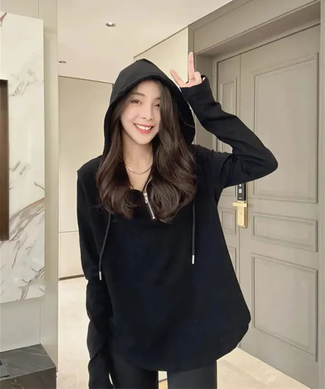 Cotton Shoulder Mid length Hooded Long Sleeve H767 Black - Shop at LoveMi