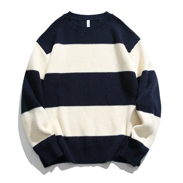 Autumn And Winter Striped Contrast Color Round Neck Sweater Men And Women Loose Leisure All matching Couple Blue - Shop at LoveMi