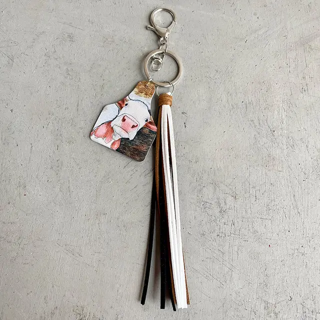 Western Farm Style Leather Key Chain Cow Horse Deer Cow Brand shaped Leather Tassel 7Style - Shop at LoveMi