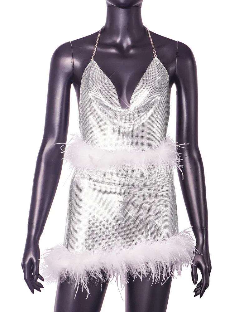 Sequined Handmade Frayed Halter Skirt Silver Top - Shop at LoveMi