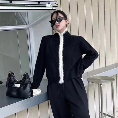 Sweet Contrast Color Long Sleeve Knitted Idle Style Zipper Sweater Cardigan For Women Black - Shop at LoveMi