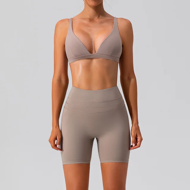 Quick drying Skinny Yoga Clothes Suit Running Leisure Nude Feel Sports Training Fitness Suit Mocha - Shop at LoveMi