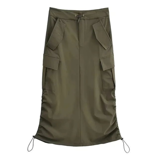 Women's Fashionable Double Drawstring Pocket Half length Pleated High Waist Slit Skirt Army Green - Shop at LoveMi