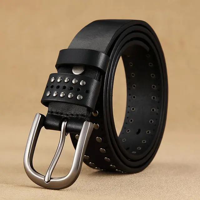 Women's First Layer Cowhide Simple Rivet Casual Decorative Belt Black - Shop at LoveMi