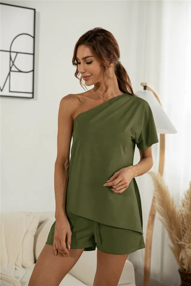 Off the shoulder Short Sleeve Sloping shoulder Off The shoulder Casual Two piece Suit Army Green - Shop at LoveMi