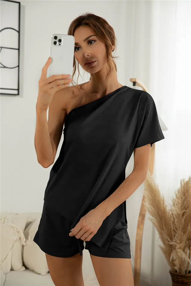 Off the shoulder Short Sleeve Sloping shoulder Off The shoulder Casual Two piece Suit Black - Shop at LoveMi