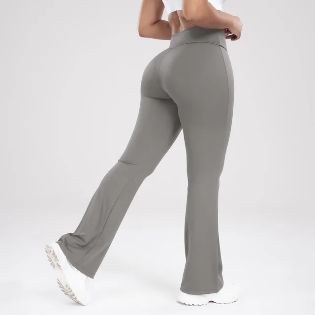 Cross Waist Side Pocket Leisure Sports Bell bottom Pants Slim Fit Yoga Pants Women Gray - Shop at LoveMi