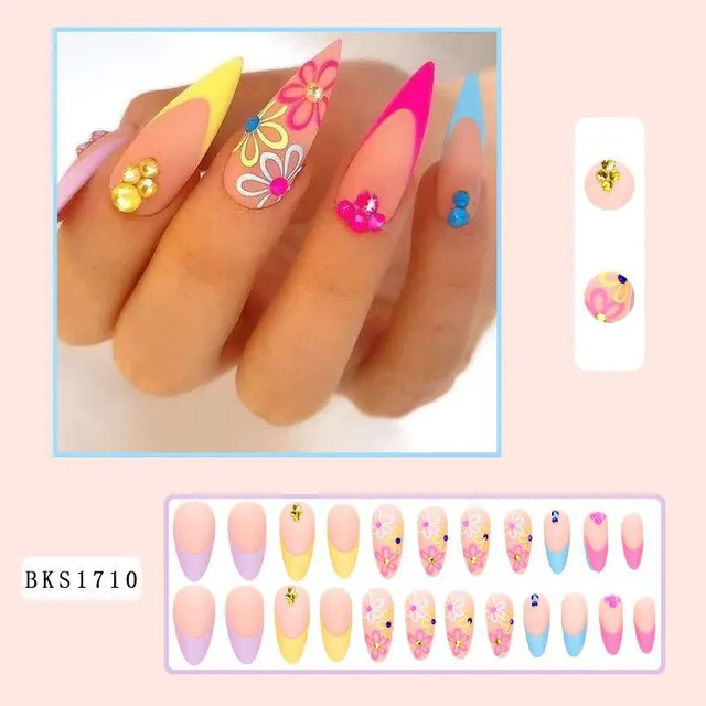 Rainbow Small Flower Wear Drop Shape Pointed Toe Nail Tip Rhinestone Wearable French Bks1710 - Shop at LoveMi