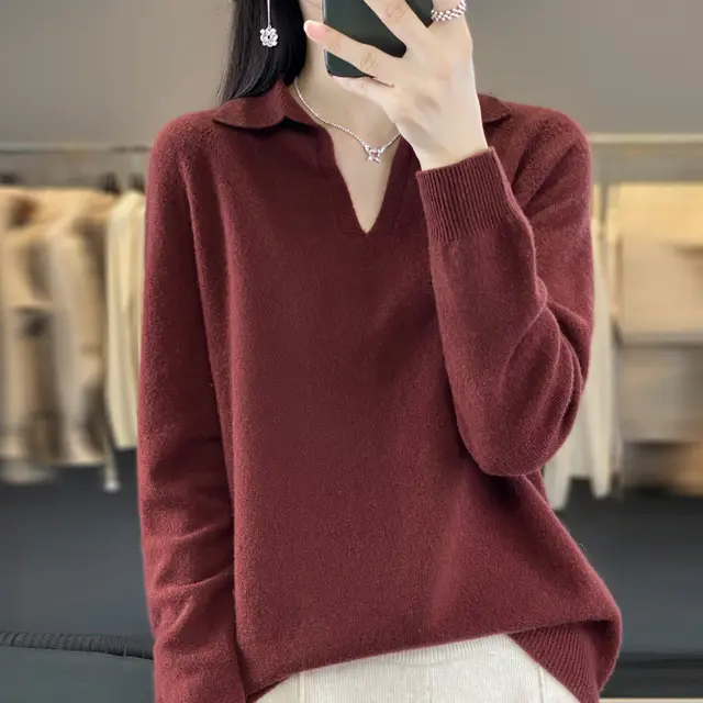 Pure Wool Idle Style Knitted Bottoming Shirt High grade Top Mocha Red - Shop at LoveMi