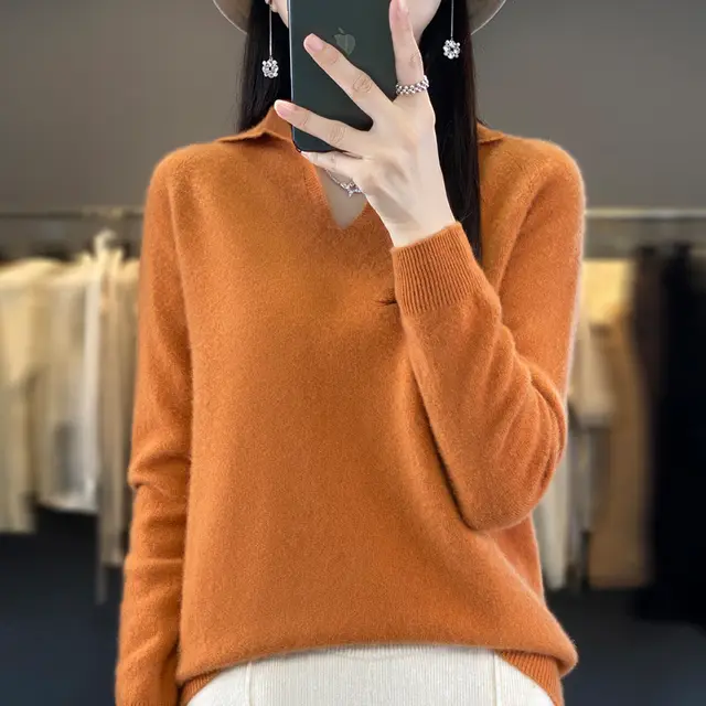 Pure Wool Idle Style Knitted Bottoming Shirt High grade Top Pumpkin Orange - Shop at LoveMi