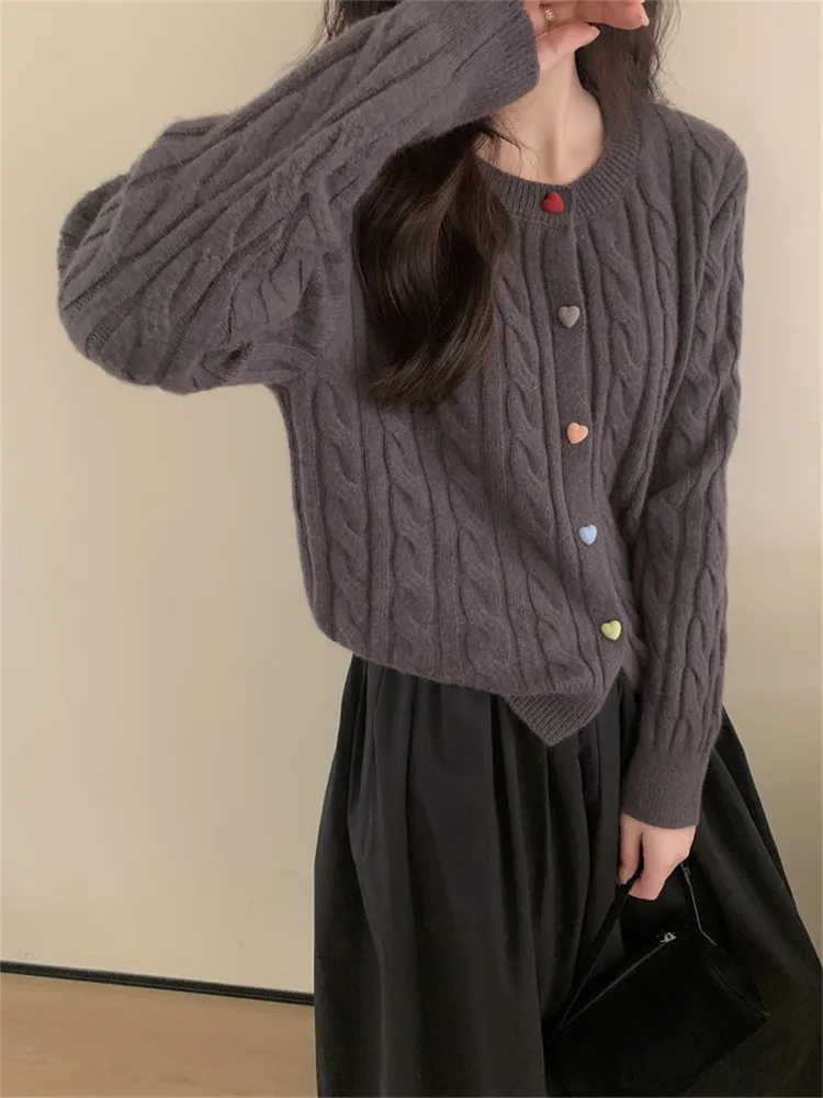 Gentle Color Heart Buckle Cable knit Sweater Coat For Women Gray - Shop at LoveMi