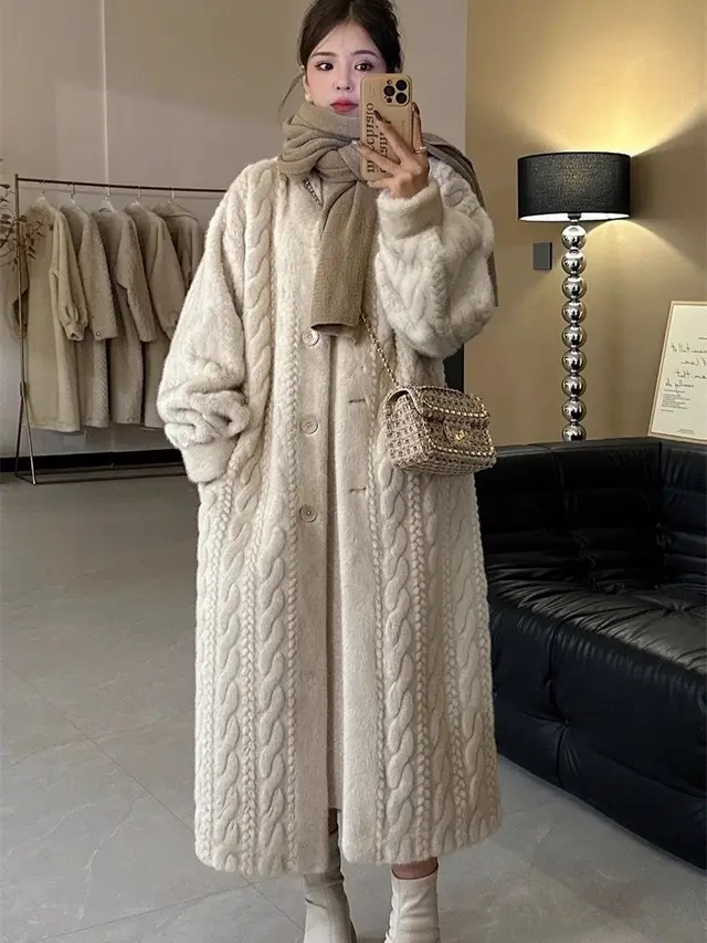 Elegant Idle Style Twist Mink Coat Oatmeal Color Twist Mink - Shop at LoveMi