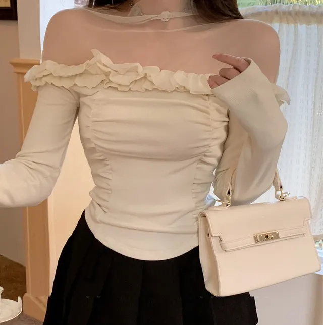 Spring French Style Design Lace Slimming Patchwork Sweet And Spicy Top For Women Apricot - Shop at LoveMi