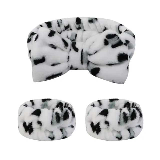 Tie Hair Band Face Washing Waterproof Wrist Suit Coral Fleece Hair Band Suit White Leopard Print - Shop at LoveMi