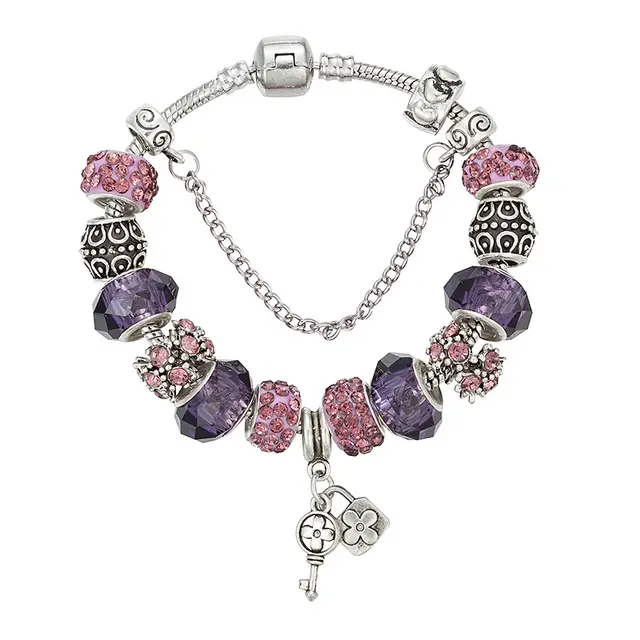 Fashion Big Hole Glass Bead Key Pendant Beaded Bracelet Purple 20Cm - Shop at LoveMi