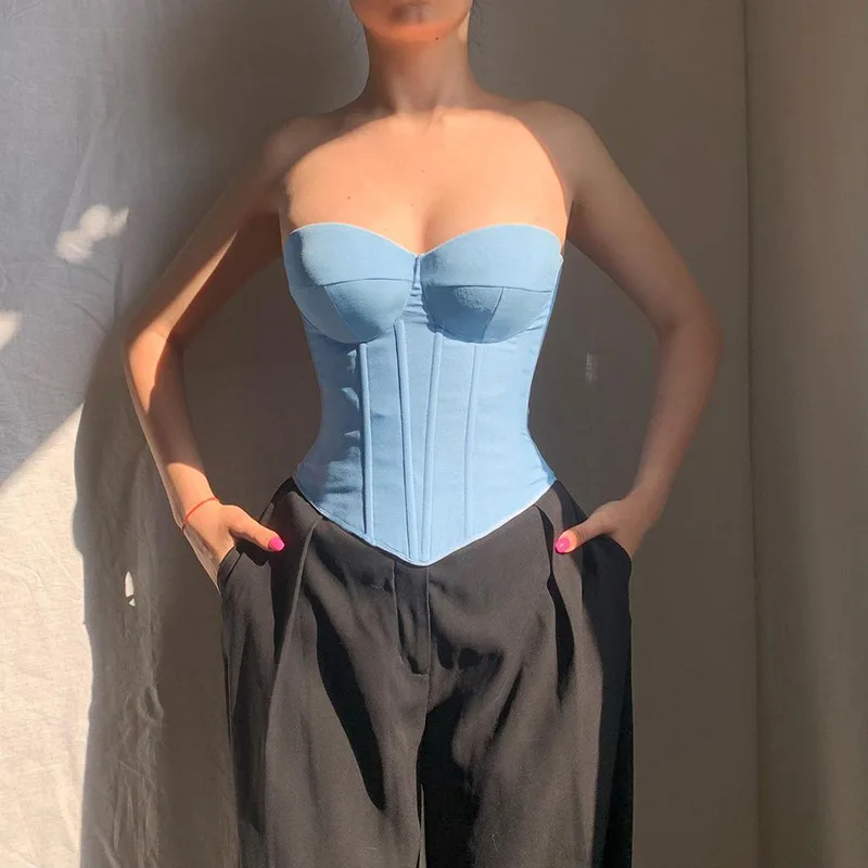 Y2K Denim Tube Vest Top With Back tied Design INS Fashion Crop Corset Tank For Women Clothing Light Blue - Shop at LoveMi