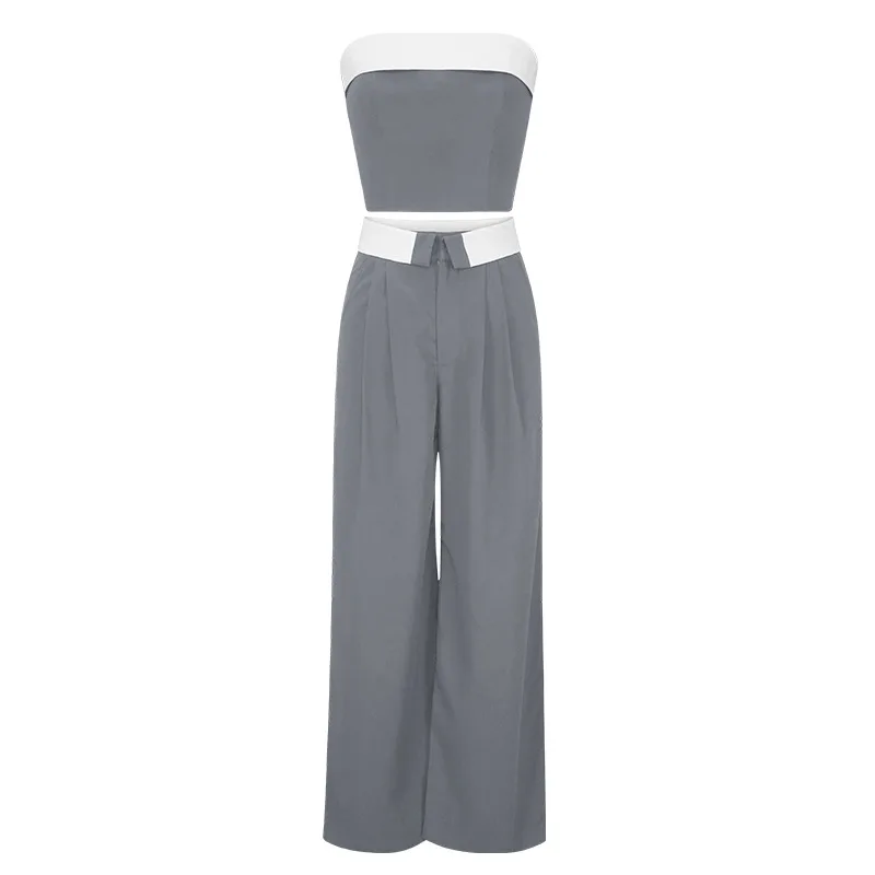 Contrast Color Vest Wide leg Suit Pants Fashion Casual Two piece Suit Gray - Shop at LoveMi