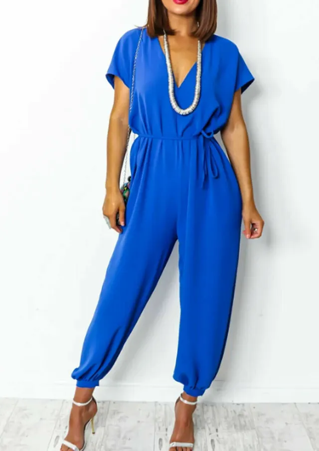 Women's V neck Lace up Waist Harem Pants Wide Leg Pants Blue - Shop at LoveMi