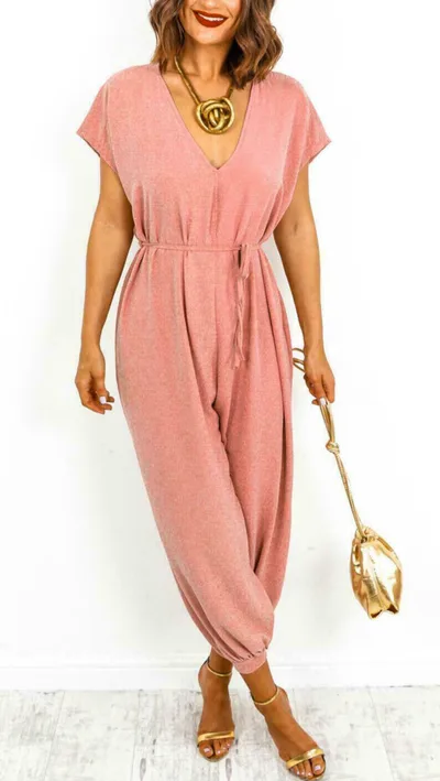Women's V neck Lace up Waist Harem Pants Wide Leg Pants Peach - Shop at LoveMi