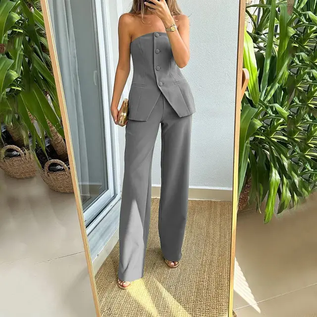 Graceful Tube Top Suit Fashion Button Sleeveless Top And Straight Pants Women's Trousers Set Grey - Shop at LoveMi